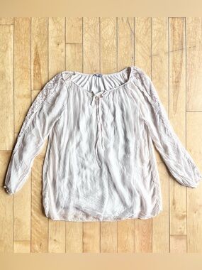 Giulia 100% Silk Boho Pink/Cream Peasant Blouse with Lace & Tie Neck Size Medium